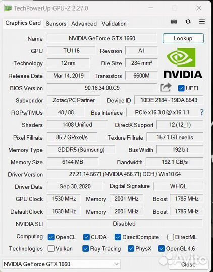 Видеокарта gtx 1660 Zotac
