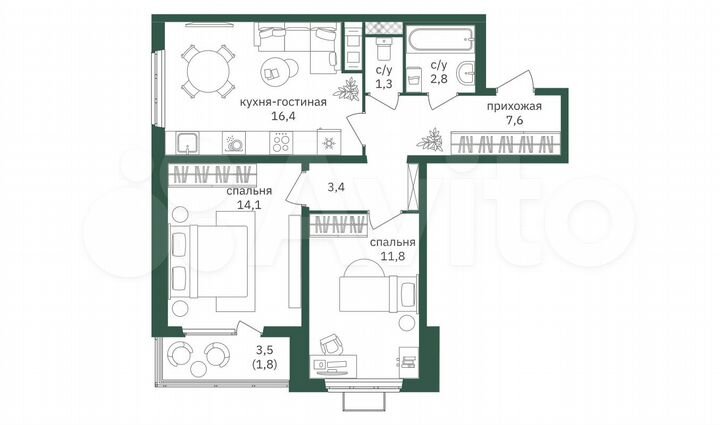 2-к. квартира, 59,3 м², 23/26 эт.