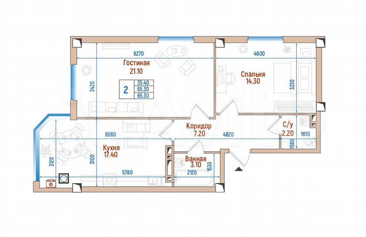 2-к. квартира, 65,3 м², 6/8 эт.