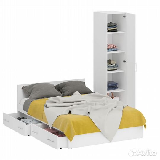 Кровать белая двуспальная с ящиками 1400 с пеналом Стандарт, цвет белый, спальное место 1400х2000 мм