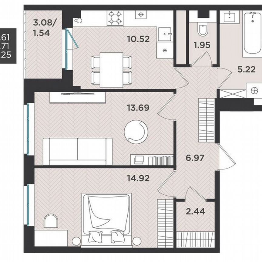 2-к. квартира, 57,3 м², 3/4 эт.