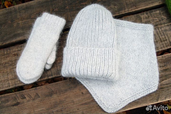 Комплект зимний пуховый шапка варежки снуд