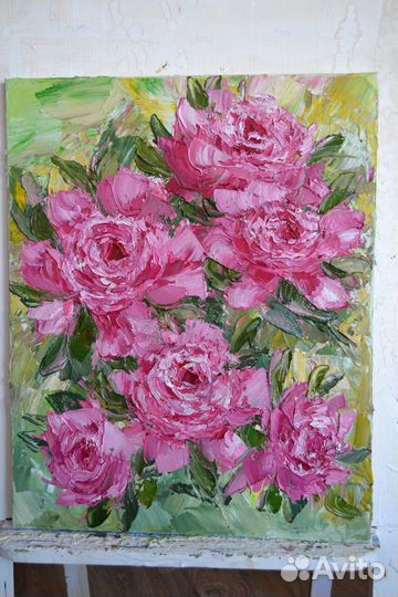 Картина цветы маслом пионы 40*60см