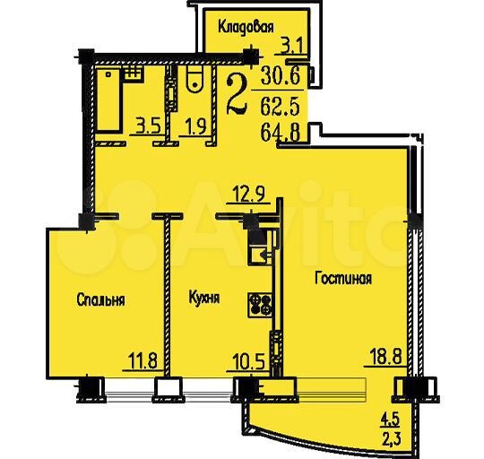 2-к. квартира, 64,8 м², 12/16 эт.