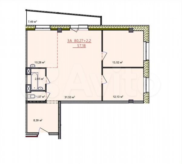 3-к. квартира, 80 м², 7/12 эт.