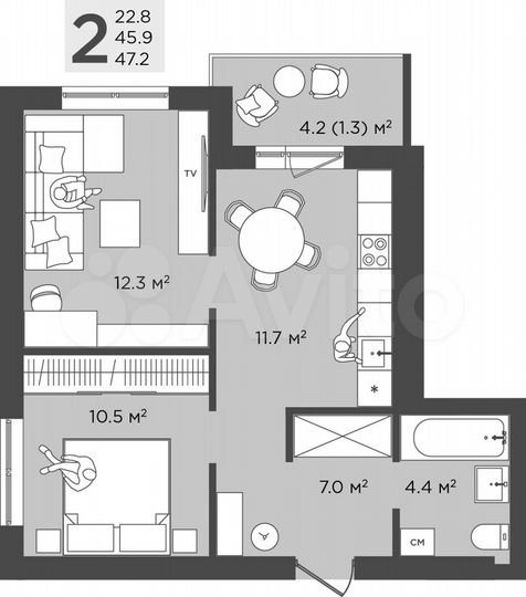 2-к. квартира, 47,2 м², 3/4 эт.