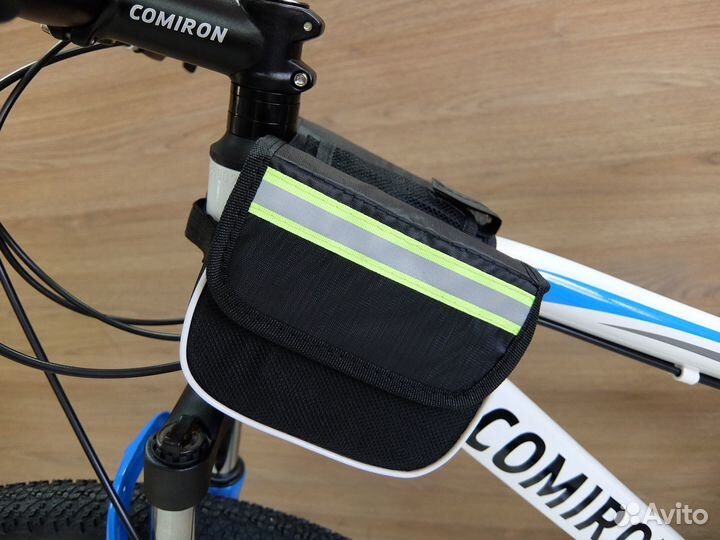 Сумка вперёд на раму чёрная, светоотражающая лента