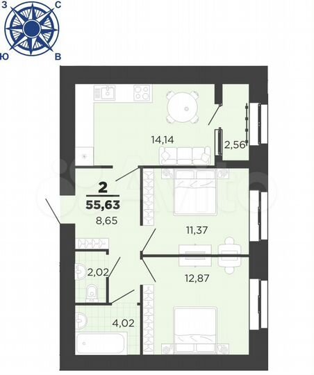 2-к. квартира, 55,6 м², 11/16 эт.