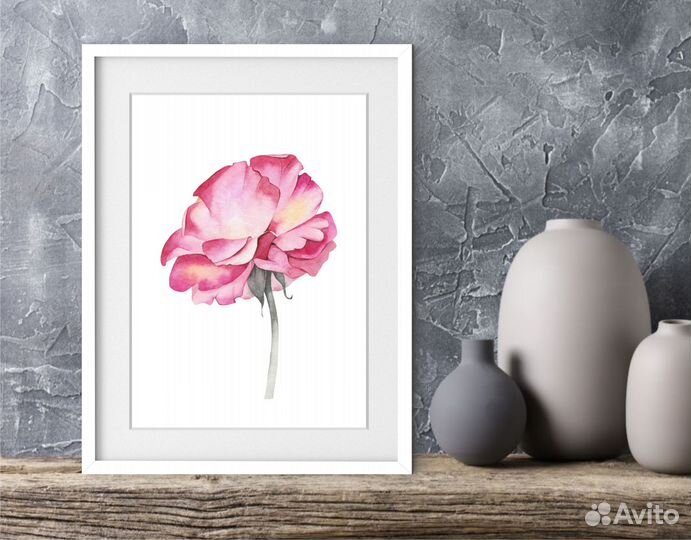 Картина розовая роза акварелью 25х20см