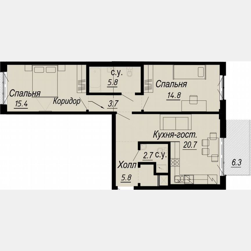 2-к. квартира, 70,7 м², 3/8 эт.