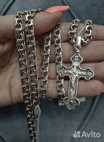Новый мужской комплект (крест и цепь) серебро 925