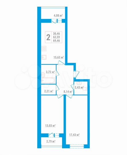 2-к. квартира, 69,5 м², 2/8 эт.