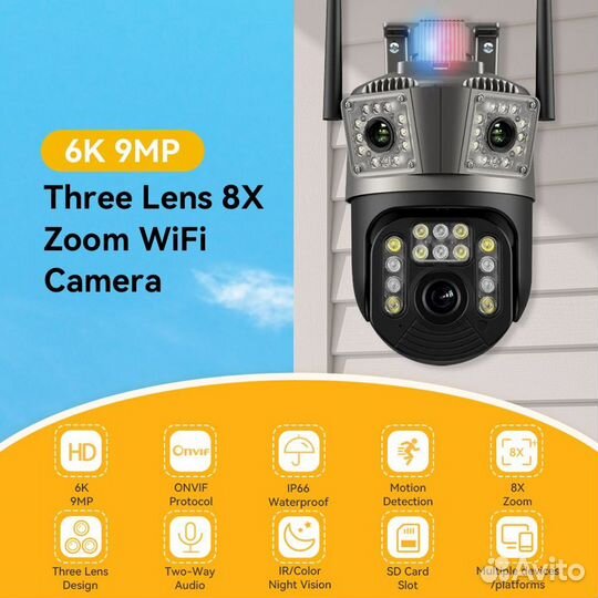 Камера с тремя объективами, 9 мп, 4,5 K, Wi-Fi