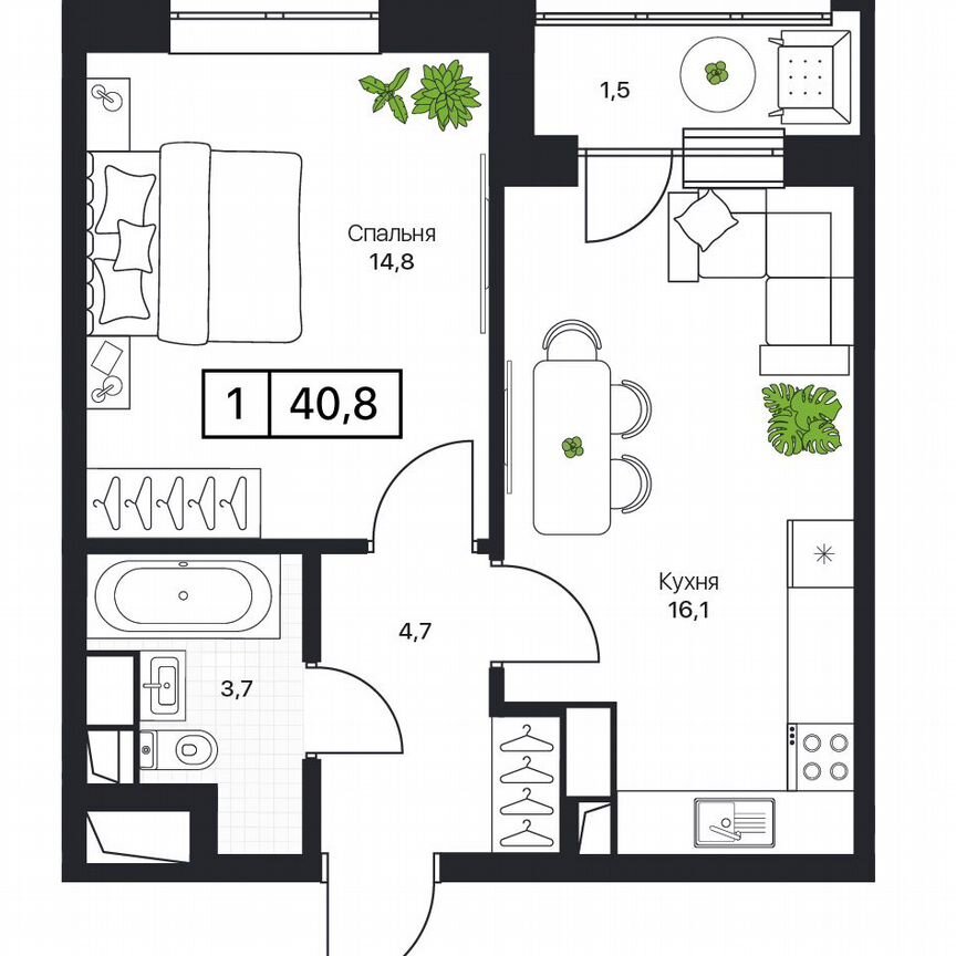 1-к. квартира, 40,8 м², 11/17 эт.