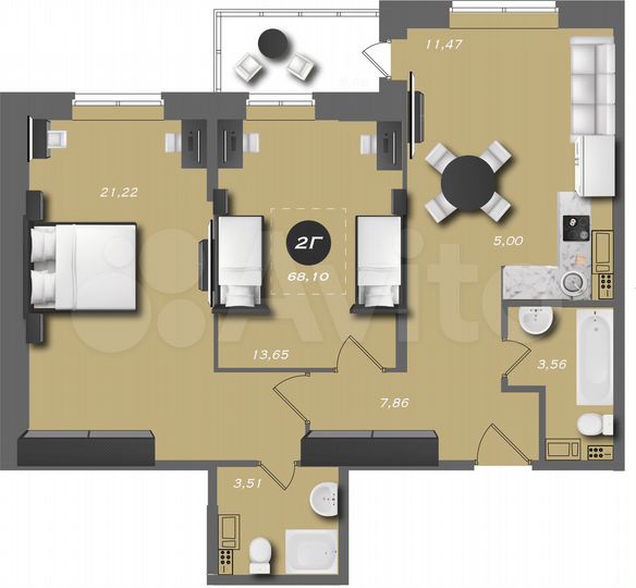2-к. квартира, 68,1 м², 3/22 эт.