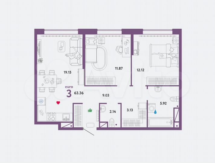 3-к. квартира, 63,4 м², 4/13 эт.