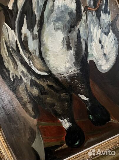 Картина живопись Охота дичь, фужер цветное стекло