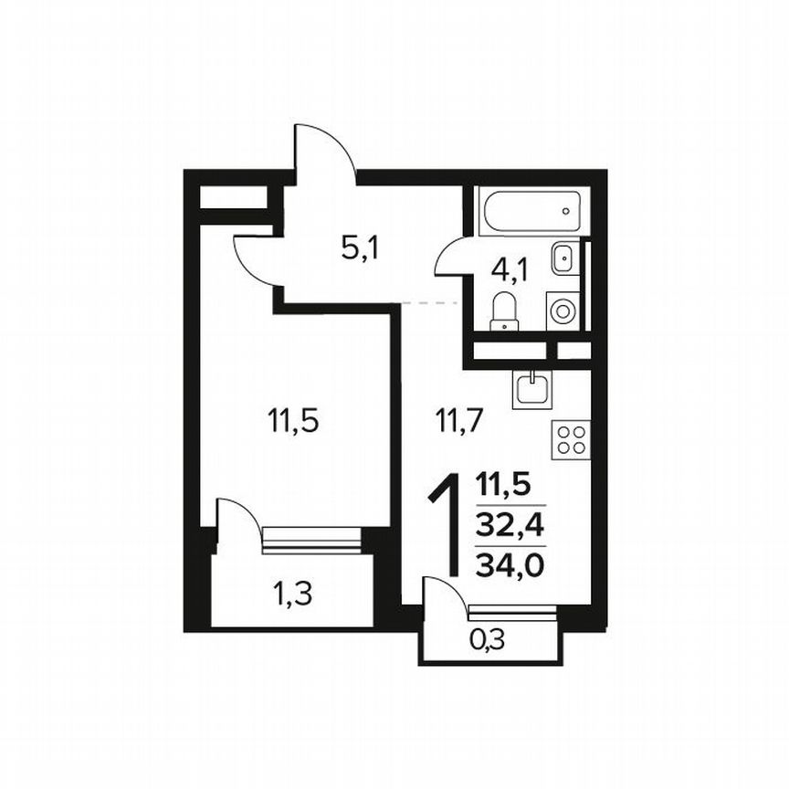 1-к. квартира, 34 м², 3/14 эт.