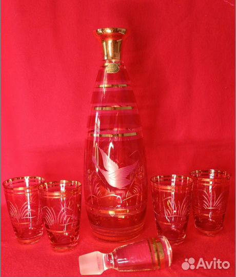 Графин и 4 стопки Богемия Чехословакия утки охота