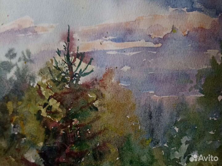 Акварельный пейзаж закат лес