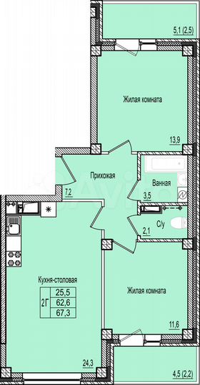 2-к. квартира, 67,3 м², 6/10 эт.