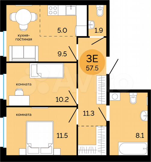 3-к. квартира, 57,5 м², 13/17 эт.