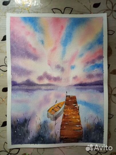 Картина акварель рассвет озеро