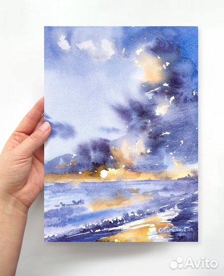 Картина акварелью. Берег моря на закате