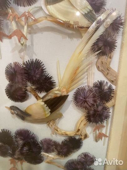 Картина перламутр, перья.Винтаж.Китай