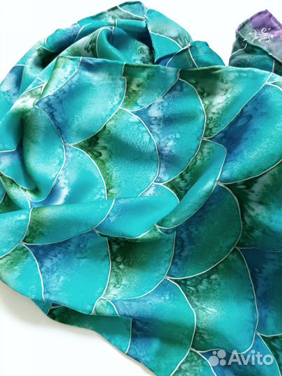 Шелковый шарф с ручной росписью батик бирюзовый
