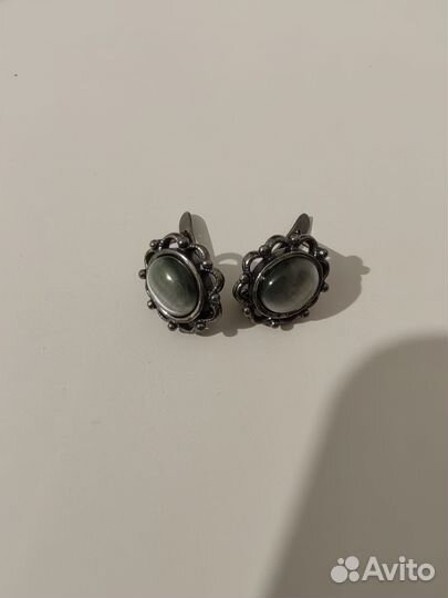 Набор серьги+кольцо с камнем кошачий глаз