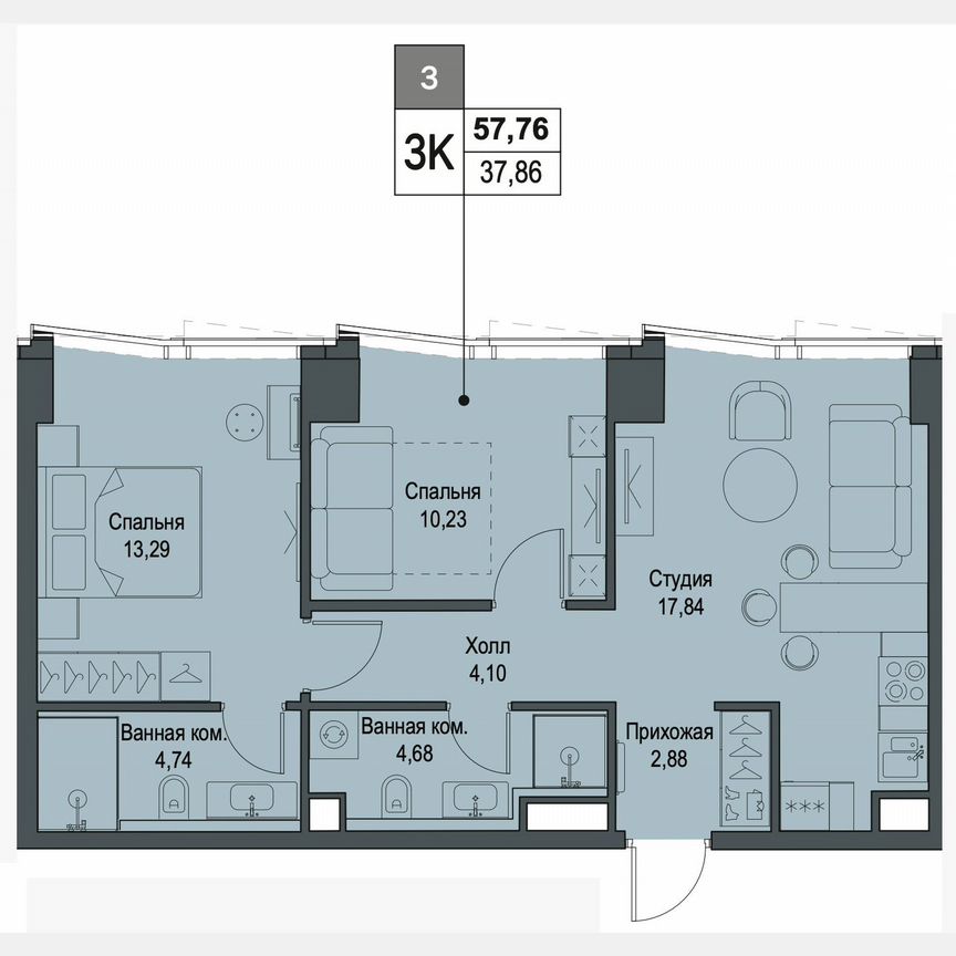 3-к. квартира, 57,8 м², 31/42 эт.
