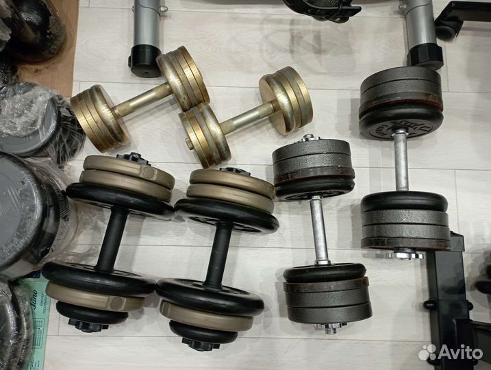 Гантели, штанги, блины, грифы, скамьи