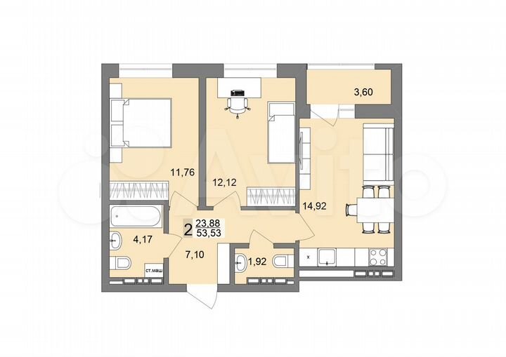 2-к. квартира, 53,5 м², 16/19 эт.