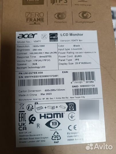 Монитор acer 24дюйма. Новый