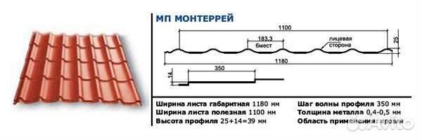 Кровельный профиль Монтеррей пэ 0.45мм - 5015