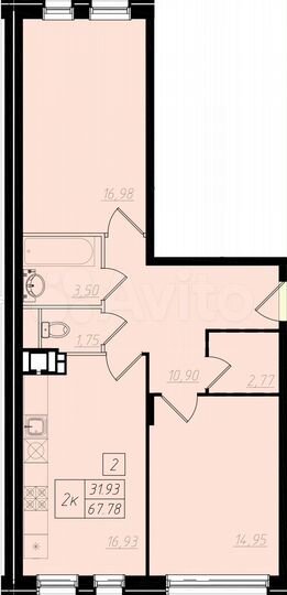 2-к. квартира, 66,8 м², 1/4 эт.
