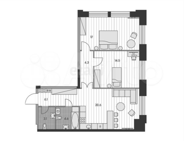 3-к. квартира, 70 м², 2/34 эт.