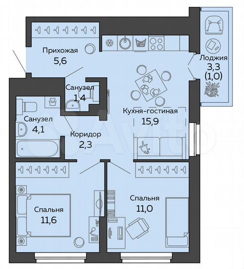 2-к. квартира, 52,8 м², 13/25 эт.