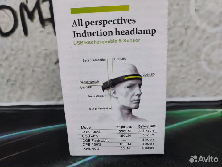 Фонарик налобный с датчиком движения