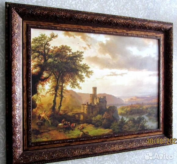 Картина 19 в. на холсте -Холмистый пейзаж с замком