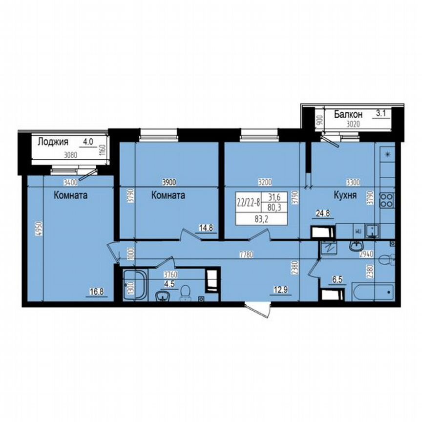 2-к. квартира, 83,2 м², 3/23 эт.