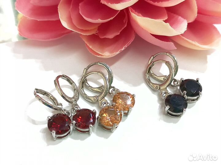Серьги висячие, иск цитрин, иск топаз, иск агат