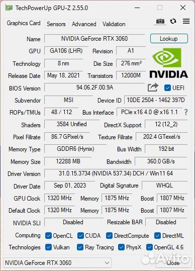 MSI nvidia GeForce RTX 3060 ventus 2X OC 12Gb