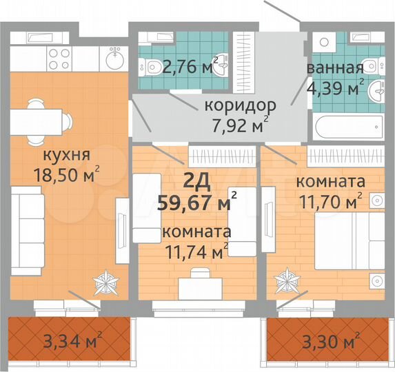 2-к. квартира, 59,7 м², 15/24 эт.