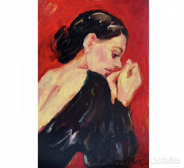 Картина маслом девушка на красном, 20/30 см