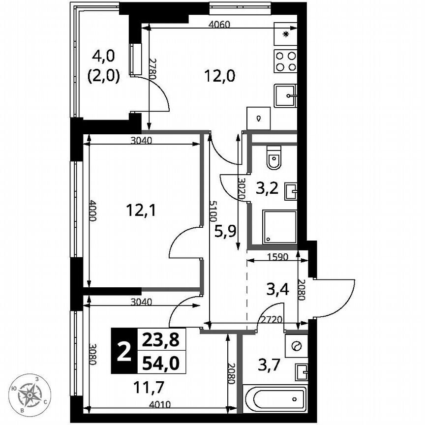 2-к. квартира, 54 м², 15/18 эт.