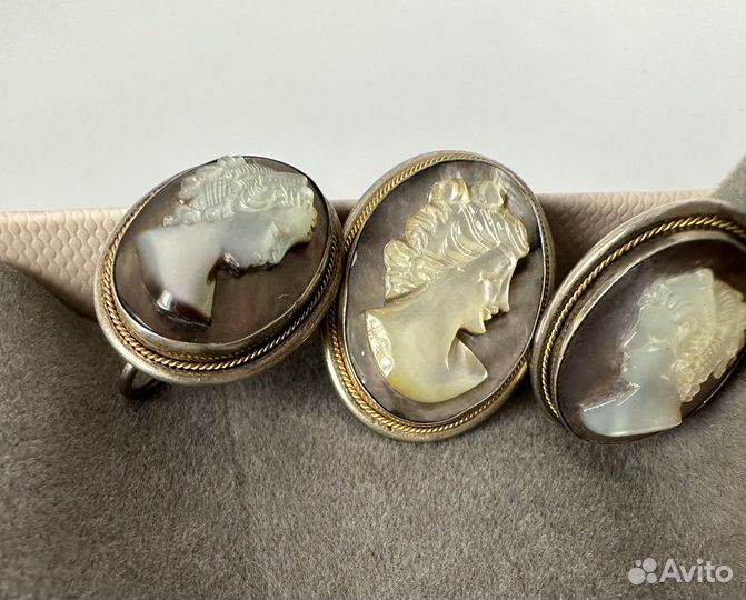 Клипсы и брошь кулон серебро 800 золото камея