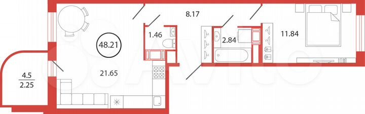 1-к. квартира, 48,2 м², 6/12 эт.