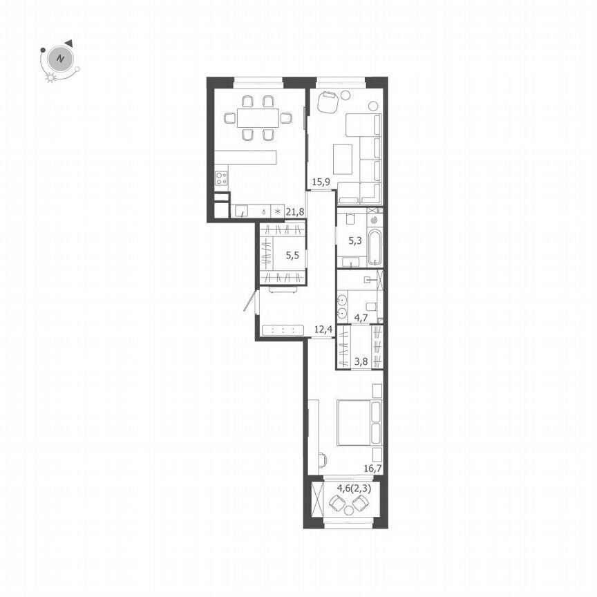 2-к. квартира, 88,4 м², 8/9 эт.